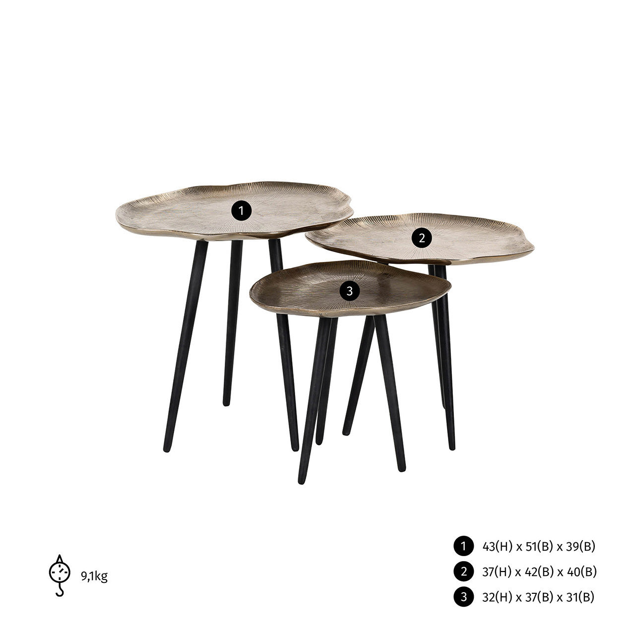 Richmond Möbel | Couchtisch Volenta (Set von 3) | Champagne-gold