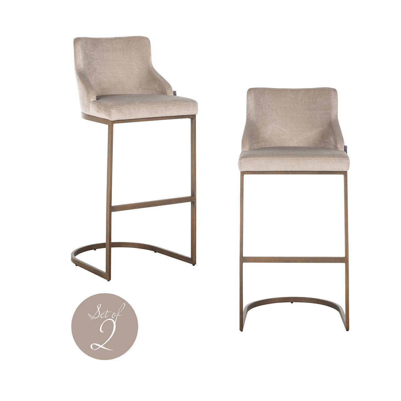 Richmond Möbel | Barhocker Bolton brushed gold Feuerresistent (Set von 2) | Khaki-velvet