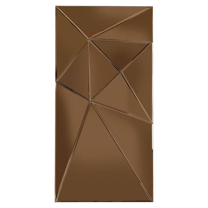 Ein Spiegel mit einem geometrischen Design aus mehreren dreieckigen und polygonalen Formen in gold- oder bronzefarbenem Ton, angeordnet in einem abstrakten, asymmetrischen Muster. Der Spiegel trägt den Namen „Spiegel Joni”.