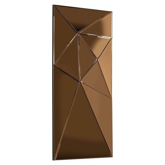 Ein Spiegel mit einem geometrischen Design aus mehreren dreieckigen und polygonalen Formen in gold- oder bronzefarbenem Ton, angeordnet in einem abstrakten, asymmetrischen Muster. Der Spiegel trägt den Namen „Spiegel Joni”.