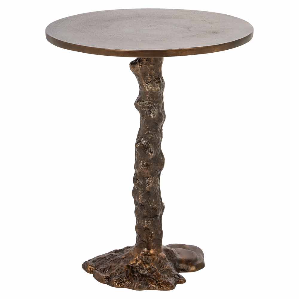 Runder Tisch mit glatter Tischplatte und unregelmäßigem, baumähnlichem Gestell aus metallischem Material. Das Gestell hat Texturen und Wölbungen, die natürlichem Holz oder Baumrinde ähneln.