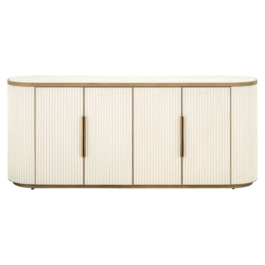 Das Bild zeigt das Sideboard Tivoli 4-türig (weiß) von vorne. Die vier Türen mit der geriffelten Textur und die abgerundeten Kanten sind deutlich sichtbar.