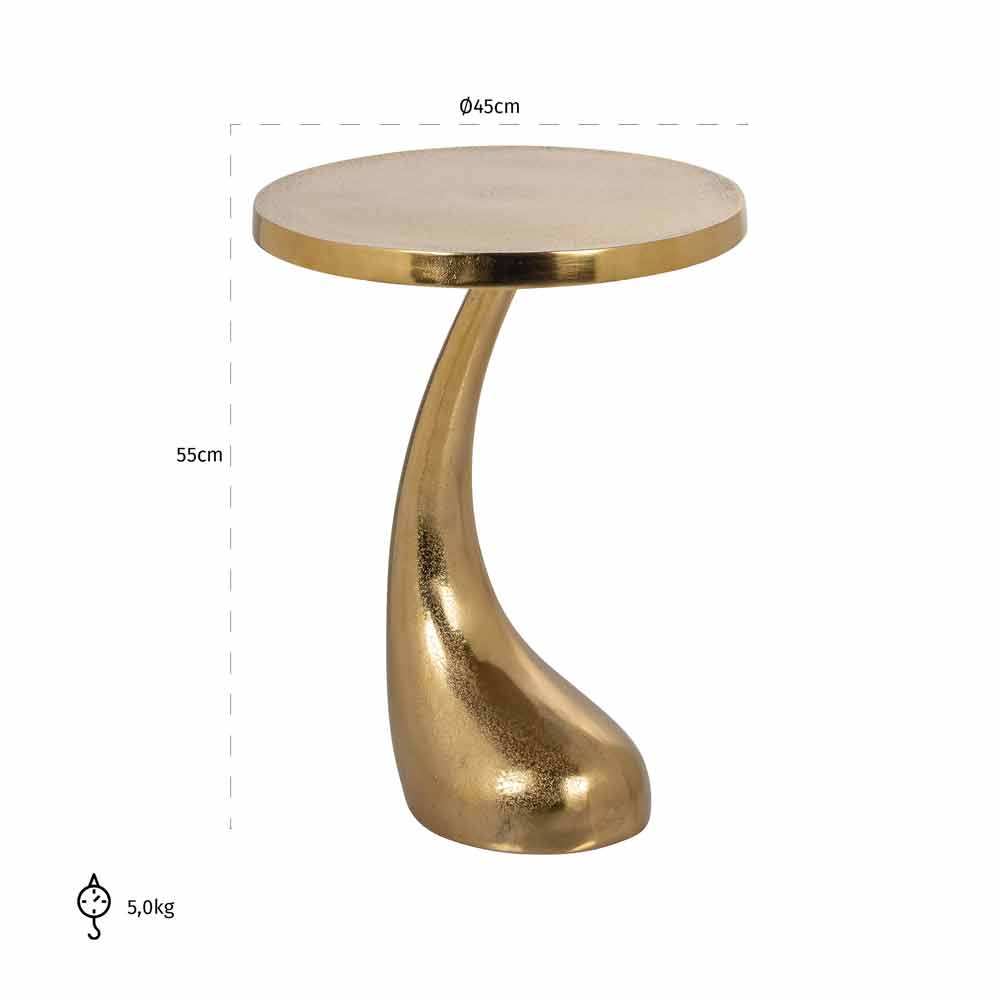 Beistelltisch mit rundem Durchmesser von 45 cm und einer Höhe von 55 cm. Der Tisch hat eine geschwungene, kommaförmige Stütze und eine metallische Goldoberfläche. Gewicht: 5 kg.