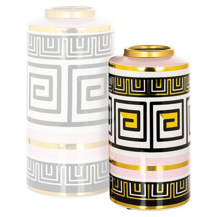  Die kleine Vase Leora aus lackiertem Ton mit harmonischem Muster in Schwarz, Weiß, Rosa und Gold mit einer anderen größeren Vase