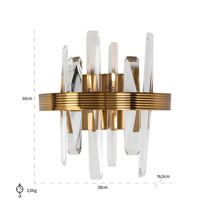 Wandlampe Brigh in Gold: Halbrunde Wandplatte mit kristallbesetztem Ring.