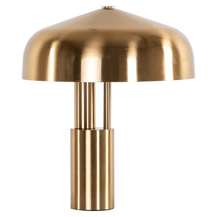 Die Tischleuchte Linzy Messing (Brushed Gold) hat ein modernes, minimalistisches Design. Die Lampe hat einen breiten, kuppelförmigen Schirm und einen zylindrischen Sockel.