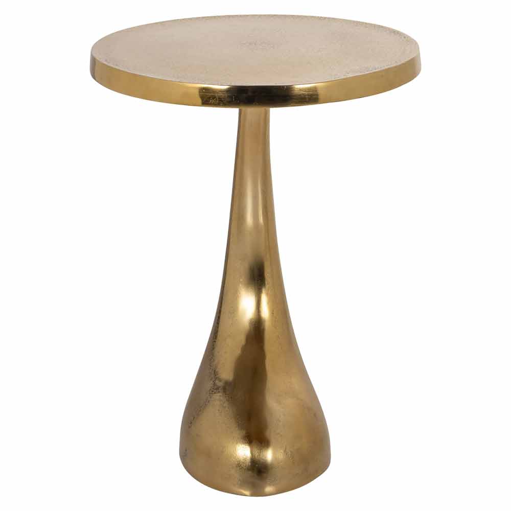 Moderner Beistelltisch mit rundem, hellen Tischplatte und konisch zulaufendem, metallischem Fuß. Ideal als elegantes Wohnaccessoire.