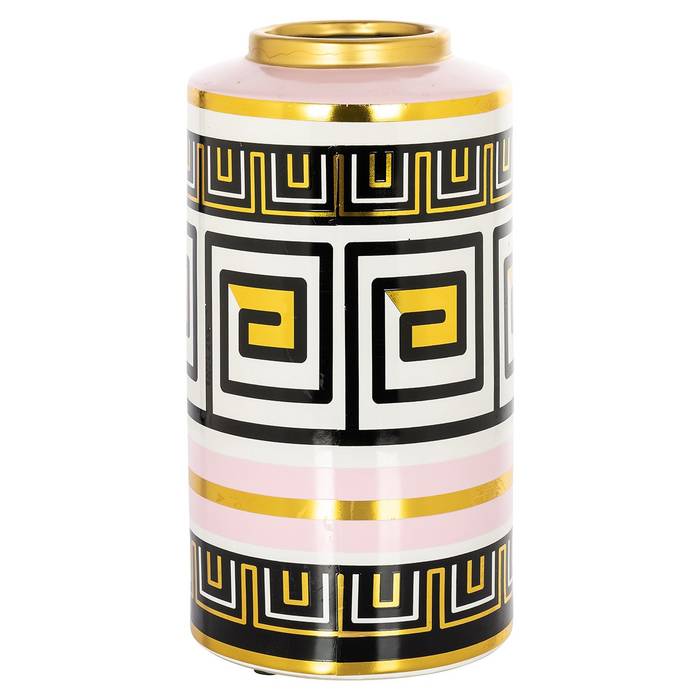  Die kleine Vase Leora aus lackiertem Ton mit harmonischem Muster in Schwarz, Weiß, Rosa und Gold