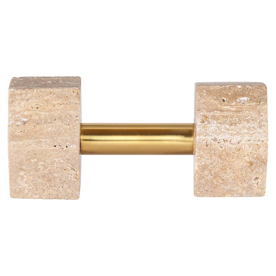 Ein Bild zeigt das Deko-Objekt Dumble in beige mit glänzendem Messing. Es ist ein kunstvoll gestaltetes Dekorationsstück mit einem eleganten, modernen Design von vorne.
