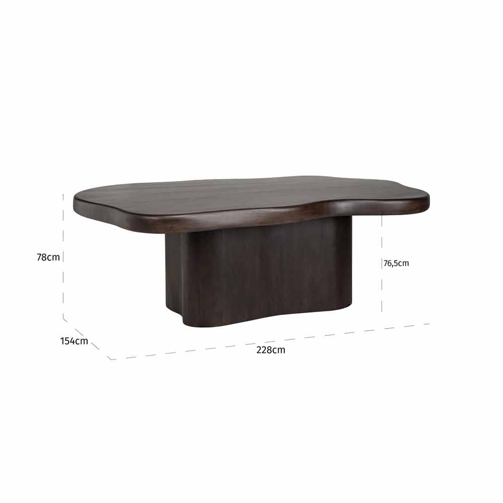 Nierenförmiger Tisch in dunkler Farbe mit den Maßen: Höhe 78 cm, Breite 154 cm (an einer Seite), Länge 228 cm, Breite 76,5 cm (am schmaleren Ende).