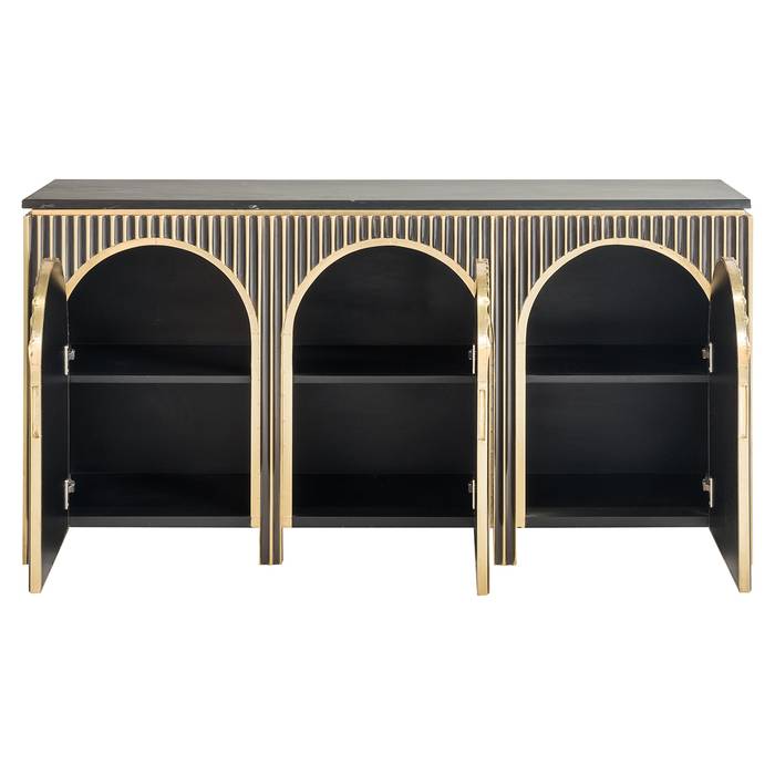 Ein Sideboard namens „Les Arcs 3-türig” in gebürstetem Gold, von hinten gezeigt.