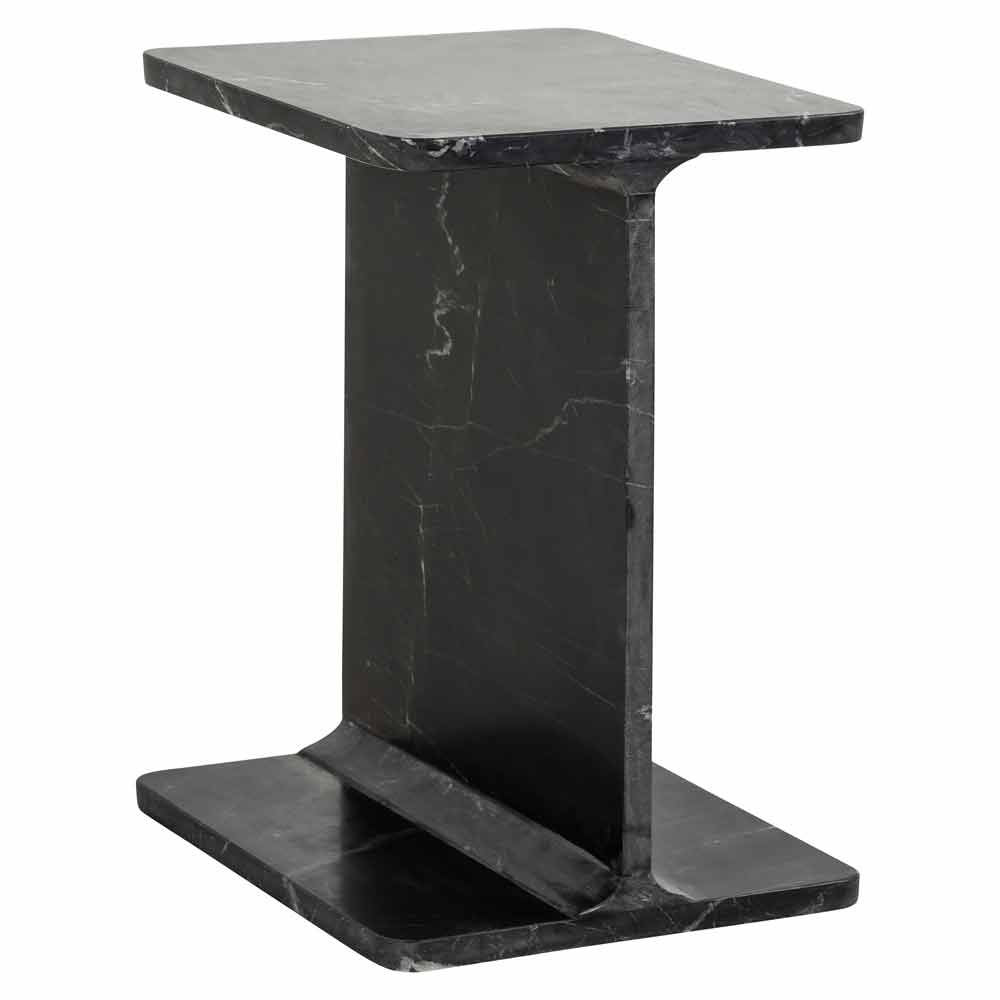 Ein Marmorseitenschale mit rechteckiger Tischplatte und Basis, verbunden durch eine vertikale Stütze in T-Form. Der dunkle Marmor hat helle Adern, die ein luxuriöses und minimalistisches Design betonen.