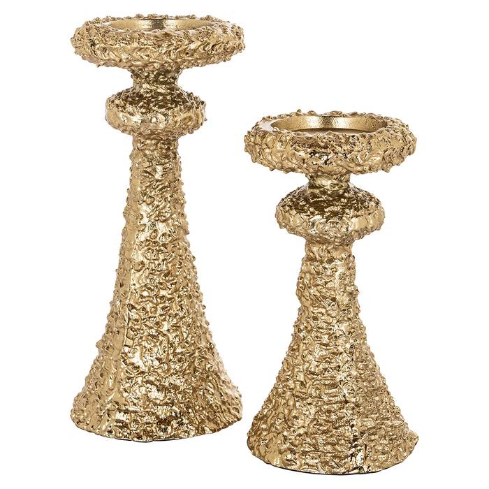 Kerzenhalter July klein (gold), frontal aufgenommen, zusammen mit einem kleineren Kerzenhalter. Elegantes und stilvolles Design