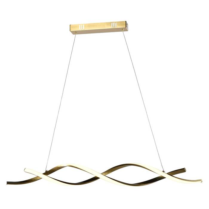 Hängelampe "Lorine" in Brushed Gold, zwei eingedrehte Lichtstreifen aus Aluminium und Eisen, elegantes Design für stilvolle Beleuchtung und warme Atmosphäre.
