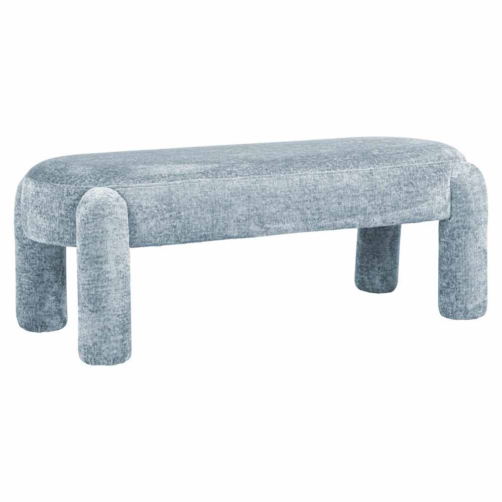 Moderner, minimalistischer Hocker mit gepolsterter Sitzfläche in Grau und vier zylindrischen Beinen. Perfekt für ein zeitgenössisches Interieur
