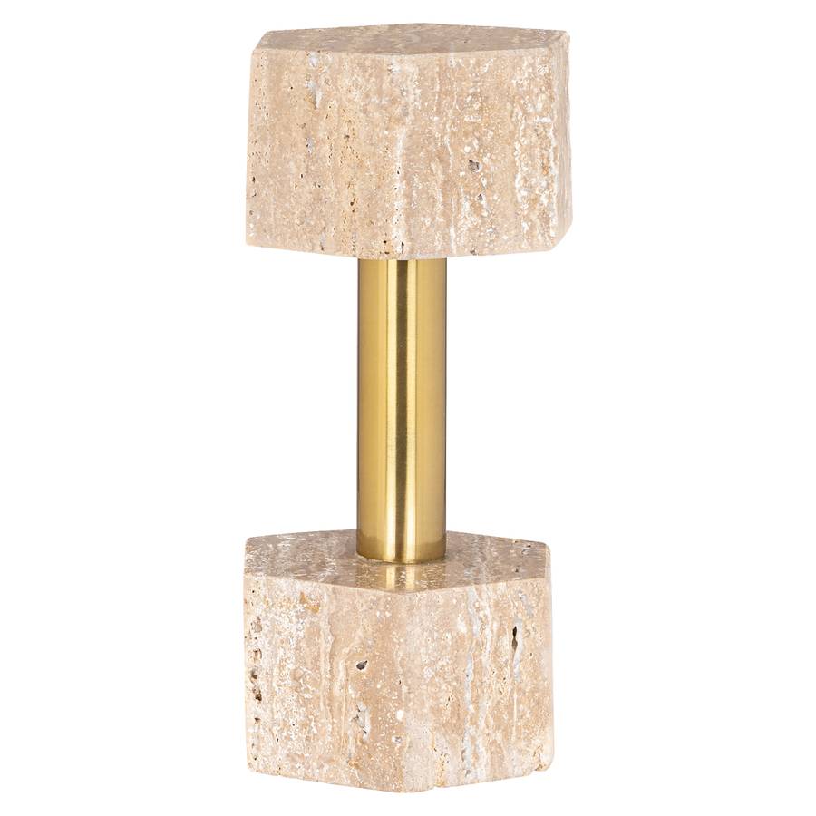 Ein Bild zeigt das Deko-Objekt Dumble in beige mit glänzendem Messing. Es ist ein kunstvoll gestaltetes Dekorationsstück mit einem eleganten, modernen Design seitlich hingestellt.