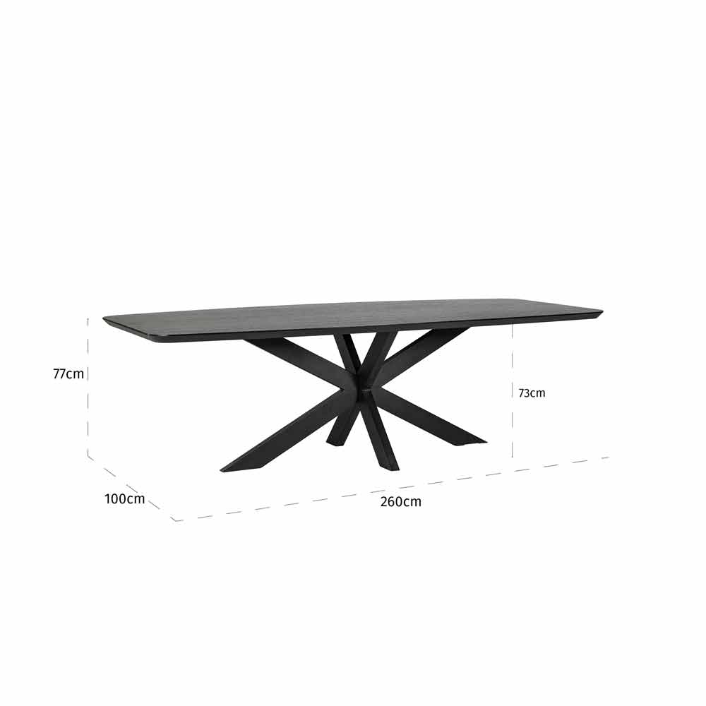 Esstisch Bonvoy 260 (schwarz) Moderner rechteckiger Tisch mit dunkler Tischplatte und schwarzem Gestell aus mehreren schrägen Beinen, die sich in der Mitte kreuzen. Das Design ist zeitgemäß und geometrisch ansprechend.
