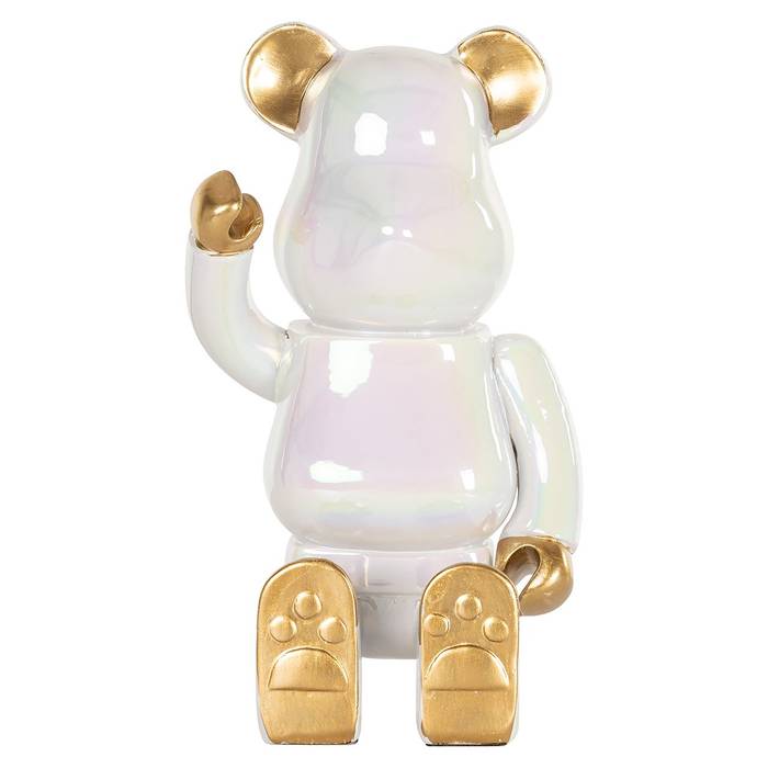 Deko-Objekt "Berlyn" von Richmond Decoration, permutweißer Teddy mit goldenen Akzenten, sitzend und winkend, aus Polyresin, eleganter Blickfang für Regale und Tische.