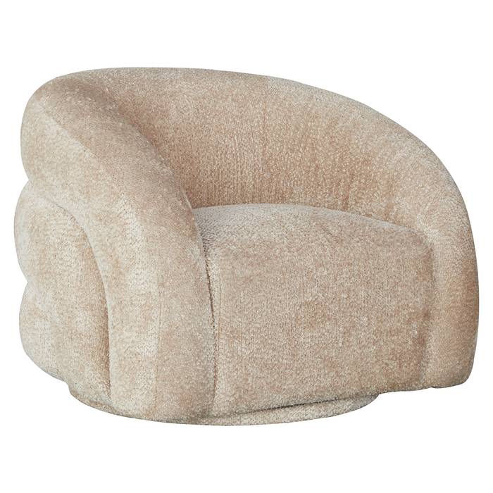 Das Bild zeigt den Drehstuhl Arcus (lovely beige). Der Stuhl hat eine weiche, beigefarbene Polsterung und steht auf einem stabilen, schwarzen Metallgestell mit einer dreh metall drunter.