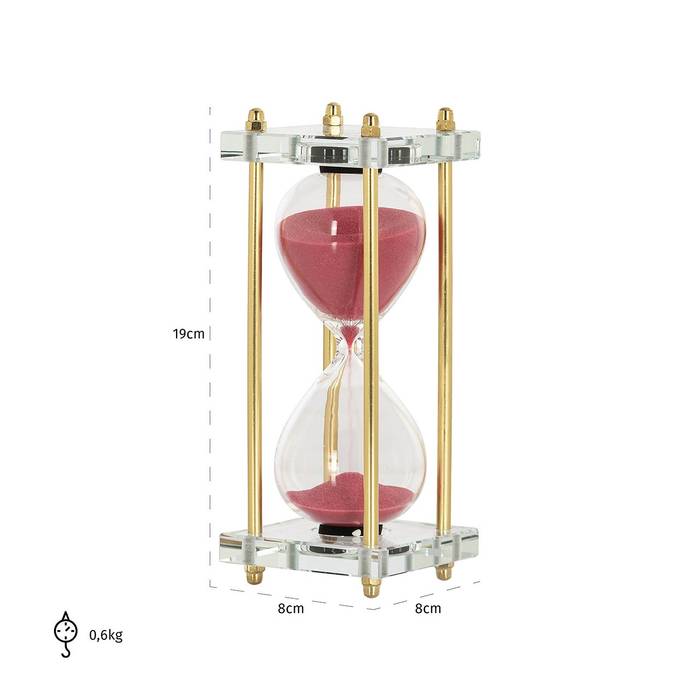 Richmond Deko-Objekt Sanduhr Ziva aus transparentem Glas mit pinkem Sand und goldenen Stäben. Ein elegantes, faszinierendes Dekorationsstück, das jeden Raum aufwertet.
