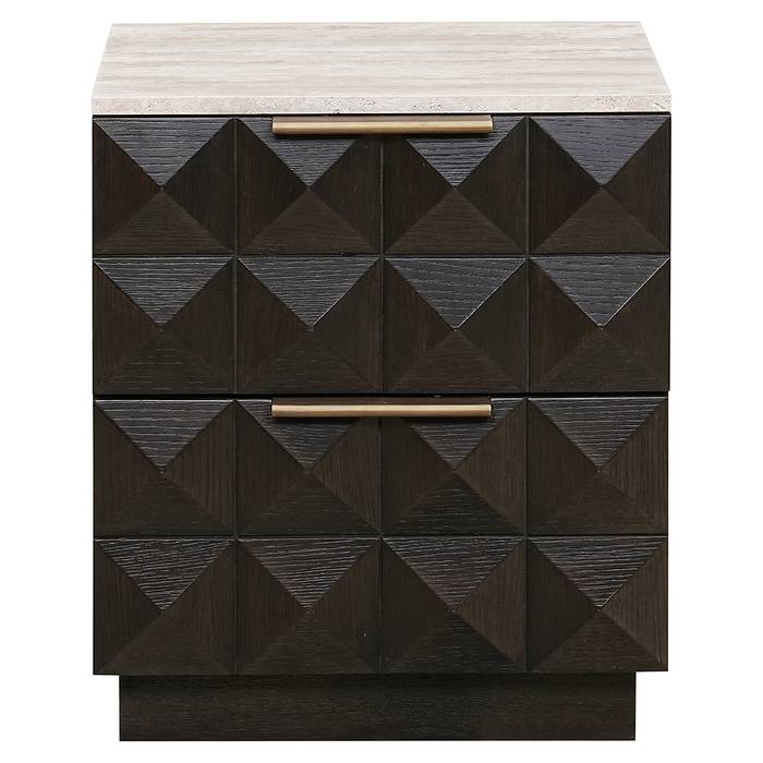 Nachttisch Claremont 2-Schubladen (braun) Das Bild zeigt den Nachttisch Claremont (2-Schubladen, braun) von hinten. Die stabile Konstruktion und die hochwertige Verarbeitung des Holzes sind gut sichtbar.