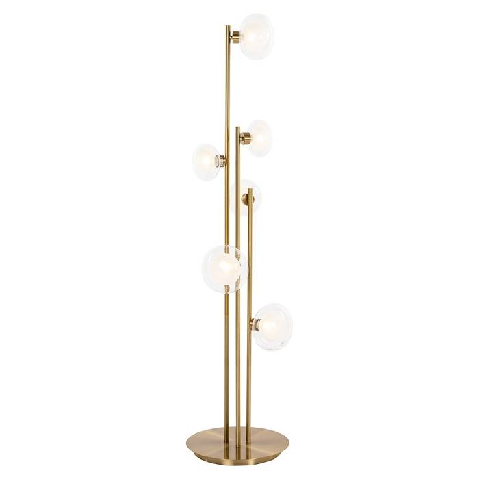 Die Stehleuchte Luva Messing (Brushed Gold) hat ein modernes Design mit fünf kugelförmigen Glühbirnen, die in verschiedenen Höhen an drei vertikalen Stangen angeordnet sind.