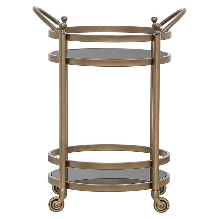Servierwagen Hendricks Messing (Brushed Gold), frontal aufgenommen. Modernes und elegantes Design.
