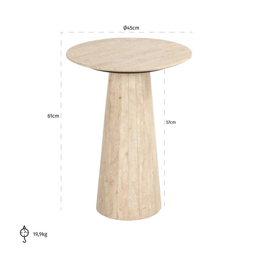 Der Beistelltisch „Cavo“ hat folgende Maße: Die runde Tischplatte hat einen Durchmesser von 45 cm und der Tisch ist 61 cm hoch. Die konische Basis ist 57 cm hoch. Der Tisch wiegt insgesamt 19,9 kg.