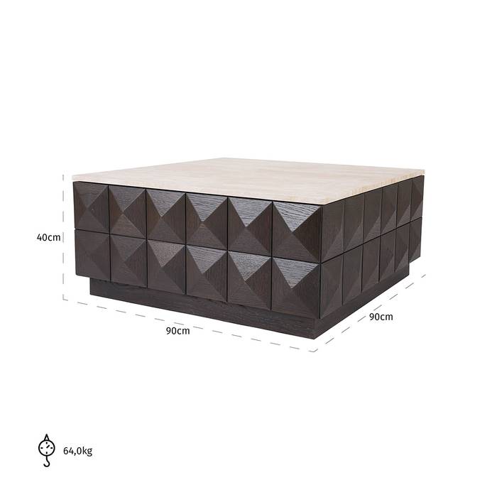 Couchtisch Claremont (braun) Der Tisch ist 40 cm hoch und hat eine Breite sowie Länge von 90 cm. Mit einem Gewicht von 64 kg ist er robust und stabil.