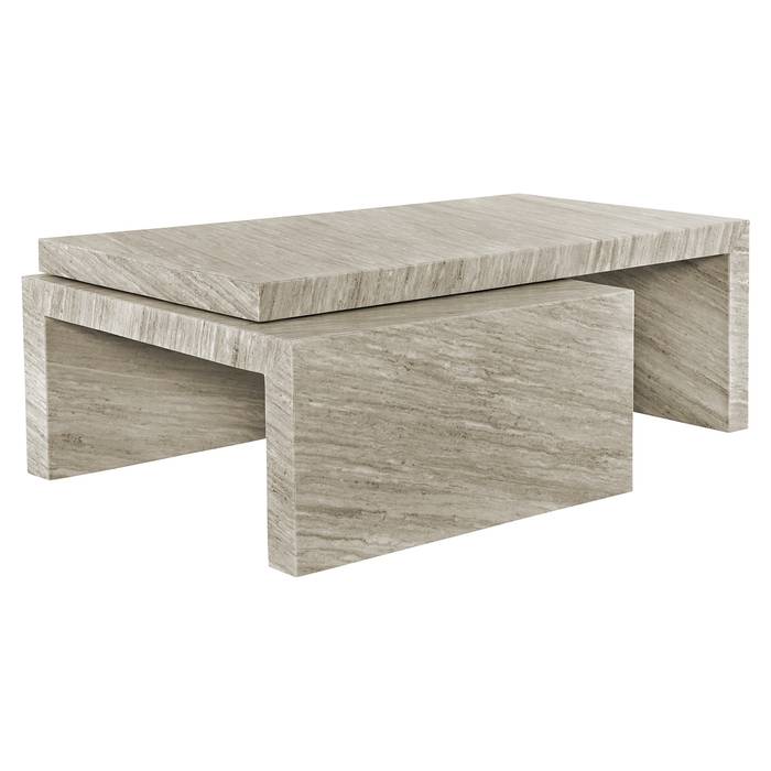 Das Bild zeigt das Couchtisch Novaz Set von 2 (weiß). Es besteht aus zwei rechteckigen Tischen in unterschiedlicher Größe.