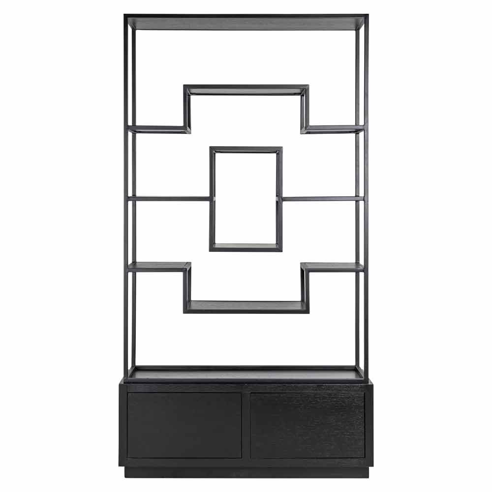 Modernes Regal mit geometrischem Design, zwei unteren Fächern mit Türen und mehreren offenen Regalböden in verschiedenen Größen.