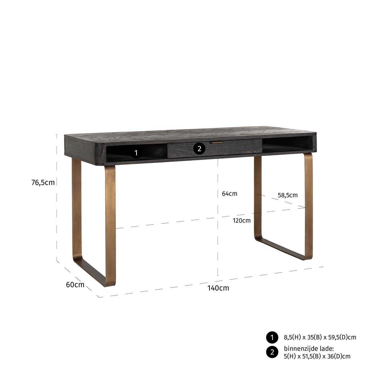 Blackbone (Brass) | Schreibtisch mit 1 Schublade (schwarz rustikal)
