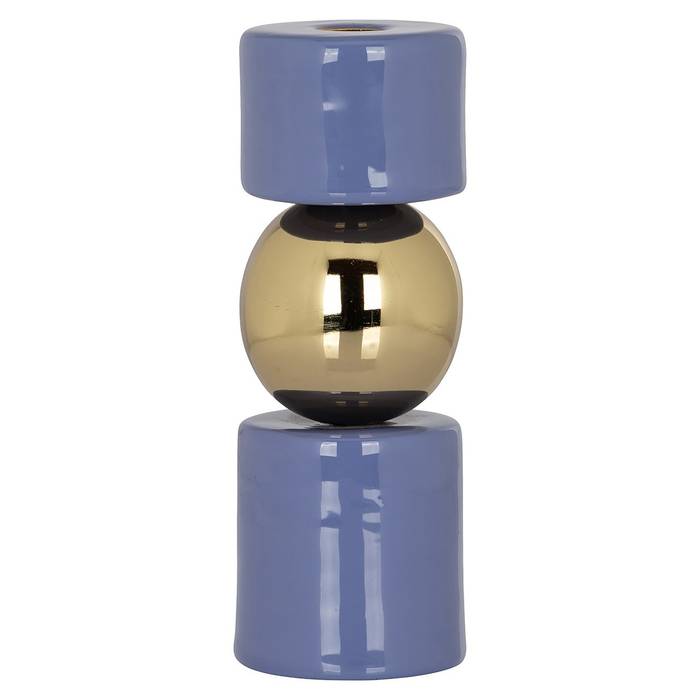 Blauer, zylindrischer Kerzenhalter aus lackiertem Eisen mit goldener Kugel als elegantem Akzent.