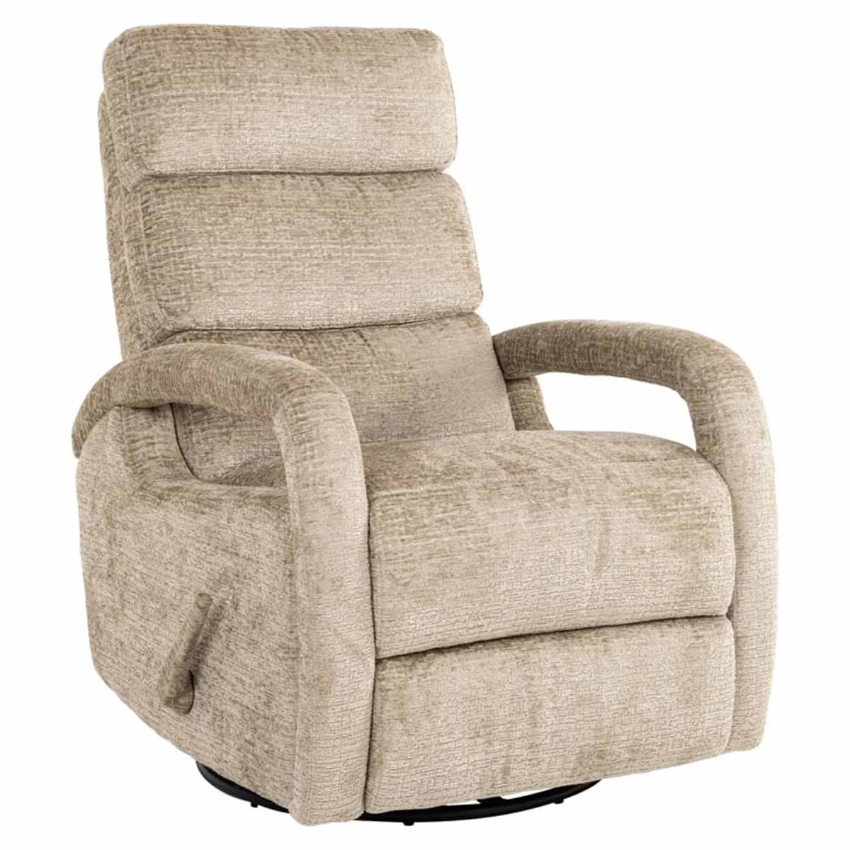 Relaxsessel Denvi desert fusion (Fusion 109 desert) Das Bild zeigt den Relaxsessel Denvi (Fusion 109 desert) in der Farbe Desert Fusion. Der Sessel hat eine weiche, sandfarbene Polsterung und steht auf einer drehplatte.
