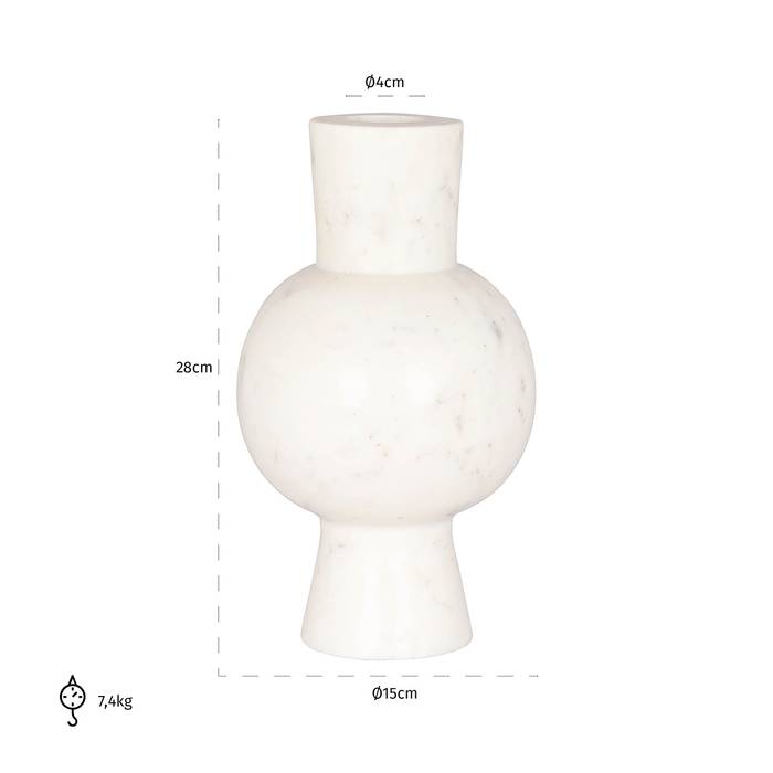 Eine weiße Vase namens „Jonah” mit einer kugelförmigen Mitte, zylindrischem oberen Teil und ausgestelltem Boden. Die Oberfläche ist glatt mit einer marmorartigen Textur. Sie ist 15cm breit und 28cm hoch.