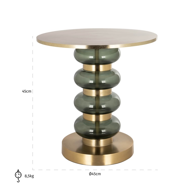 Eleganter Beistelltisch mit runder, marmorähnlicher Tischplatte (45 cm Durchmesser), gestützt von einer künstlerischen Anordnung aus vier grünen Glaskugeln und goldfarbenen Metallkugeln, 45 cm hoch und 8,5 kg schwer