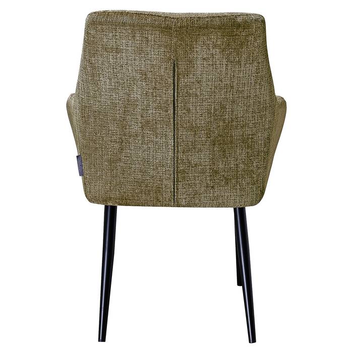 Das Bild zeigt den Esszimmerstuhl Chrissy (Niagara 104 Stone Chenille) von hinten. Die weiche, steinfarbene Polsterung aus Chenille-Stoff und die stabilen, schwarzen Metallbeine sind gut sichtbar.