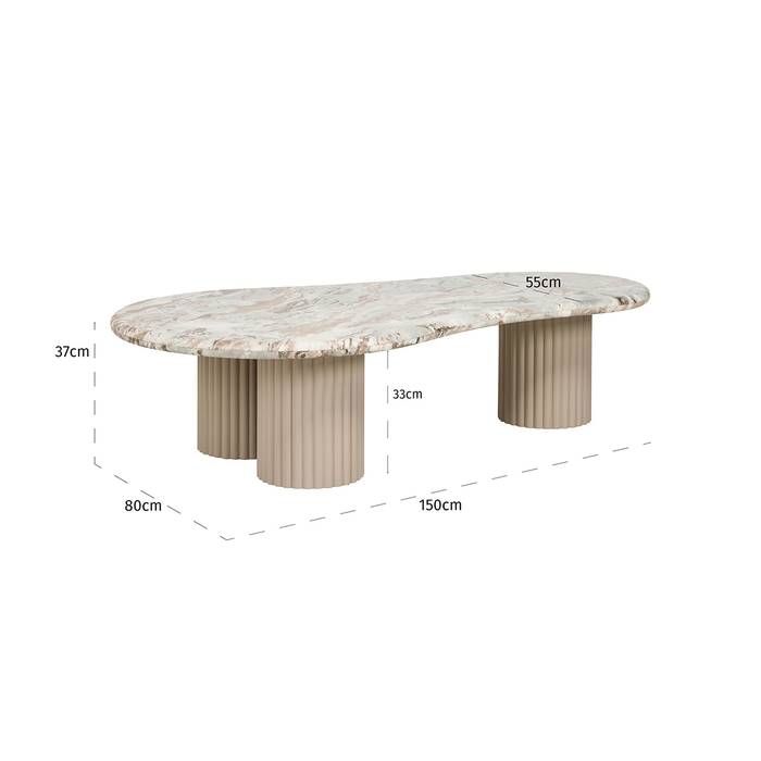 Der Tisch ist 37 cm hoch, 80 cm breit und 150 cm lang.