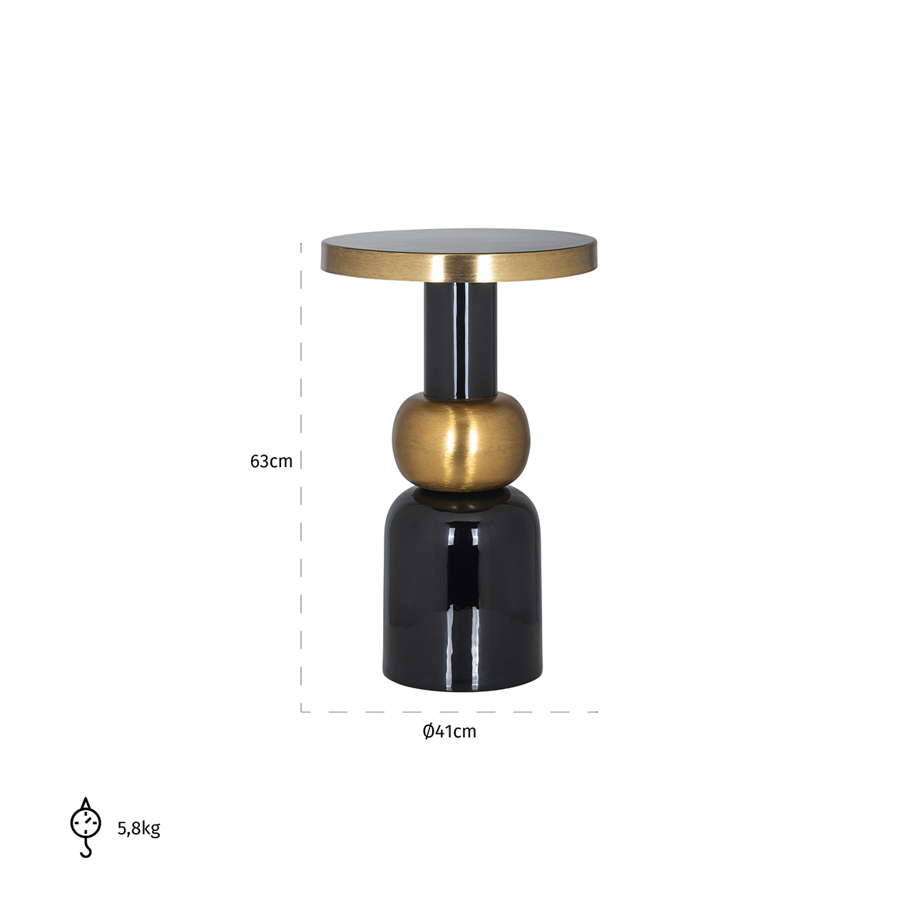 Das Bild zeigt den Urban Beistelltisch Mose (schwarz) S. Der Tisch hat eine runde Tischplatte mit einem goldenen Rand und eine goldene Kugel in der Mitte. Er ist 63 cm hoch, 41 cm breit und wiegt 5,8 kg.