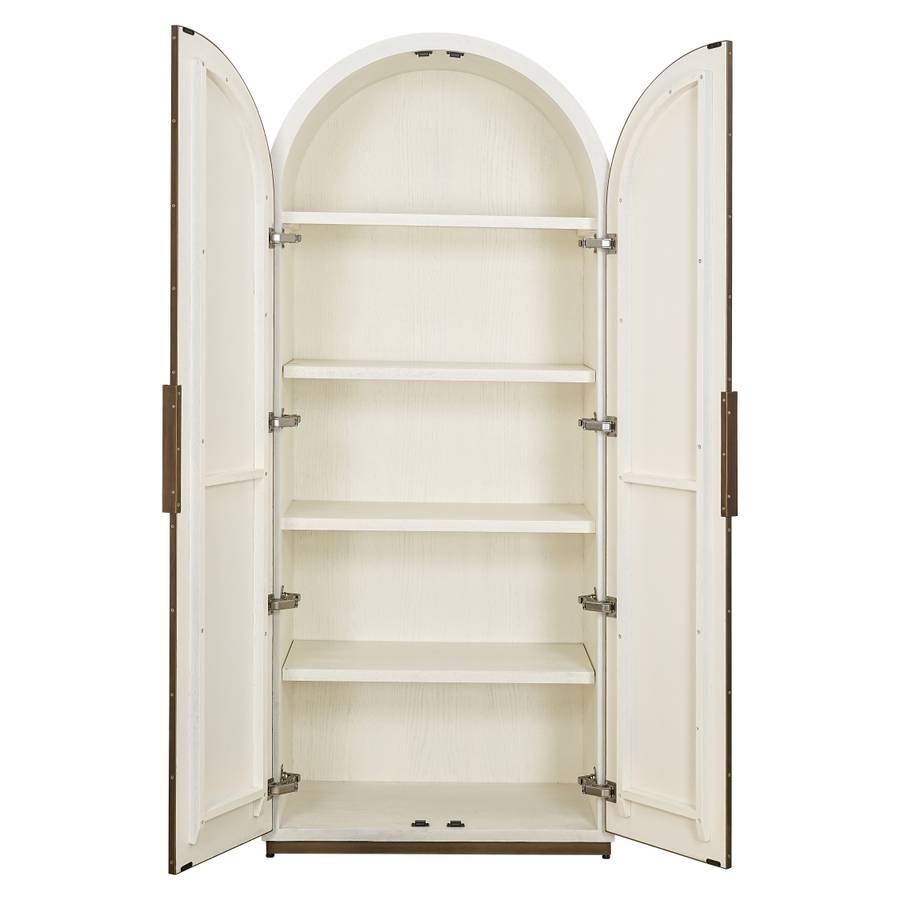 Schrank Tivoli mit gebogener Oberseite 2-tuerig (weiss) Das Bild zeigt den Schrank Tivoli mit gebogener Oberseite, 2-türig (weiß) von vorne mit geöffneten Türen, man sieht 4 Planken mit 5 Plätzen um Sachen reinzutun.