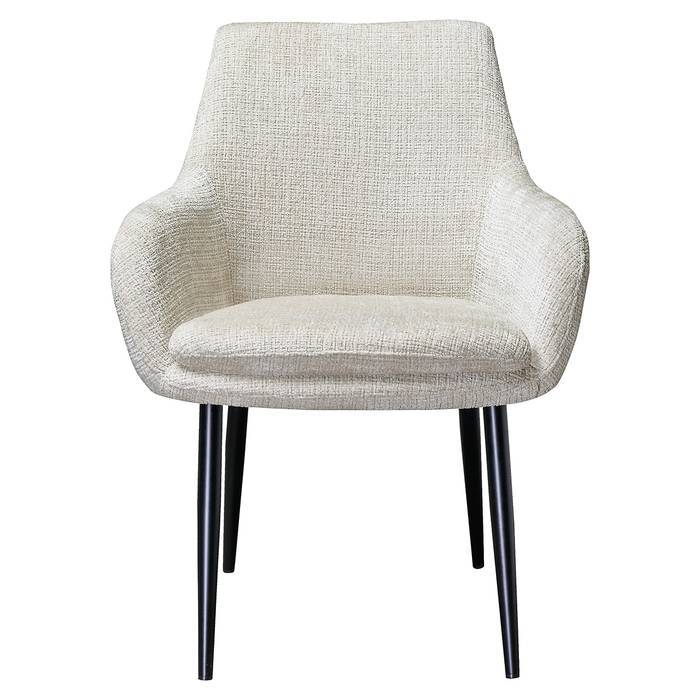 Das Bild zeigt den Esszimmerstuhl Chrissy (Niagara 902 beige) von vorne. Die weiche, beige Polsterung aus Chenille-Stoff und die stabilen, schwarzen Metallbeine sind gut sichtbar.