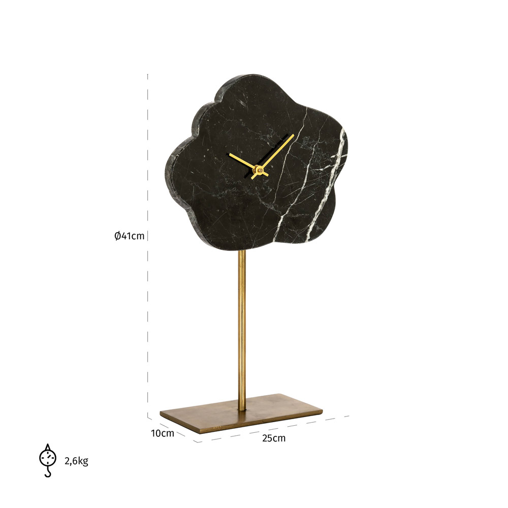Eine dekorative Uhr in Wolkenform mit Marmor-Muster auf einem goldfarbenen Ständer.