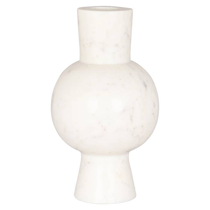 Eine weiße Vase namens „Jonah” mit einer kugelförmigen Mitte, zylindrischem oberen Teil und ausgestelltem Boden. Die Oberfläche ist glatt mit einer marmorartigen Textur.