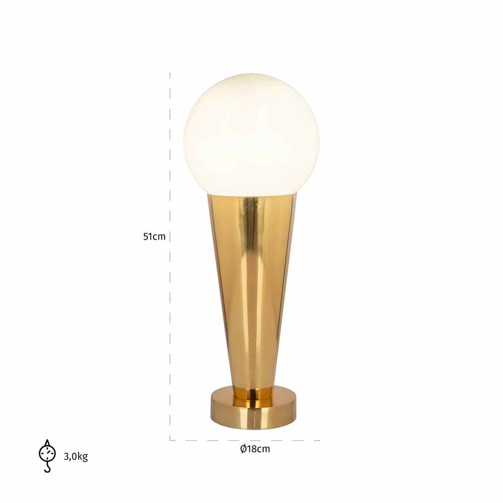 Moderne Tischlampe mit kugelförmigem, weißem Schirm und konischem, goldfarbenem Sockel. Höhe: 51 cm, Durchmesser des Schirms: 18 cm, Gewicht: 3,0 kg.