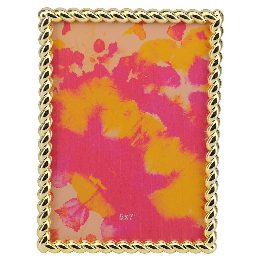 Ein größerer Bilderrahmen namens „Eef” in Gold. Der Rahmen hat ein gedrehtes Seildesign um die Ränder und enthält einen bunten abstrakten Hintergrund mit Farbtönen in Rot, Pink und Orange.
