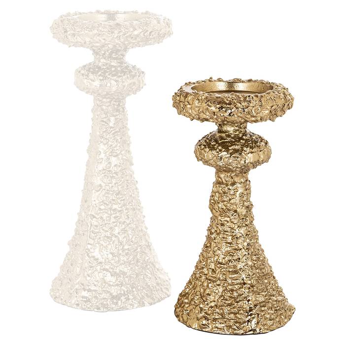 Kerzenhalter July klein (gold), frontal aufgenommen, zusammen mit einem kleineren Kerzenhalter, wobei der Fokus auf dem größeren liegt. Elegantes und stilvolles Design