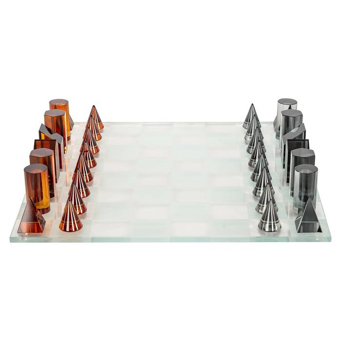 Deko-Objekt "Schachbrett Zyenna" von Richmond Decoration, aus Glas, orange- und schwarze Glasfiguren in abstrakten Formen, elegantes Design für stilvolle Akzente.