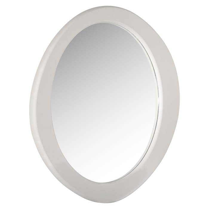 Der Spiegel Bloomstone (weiß) hat eine ovale Form mit einem weißen Rahmen und ist nach rechts geneigt.