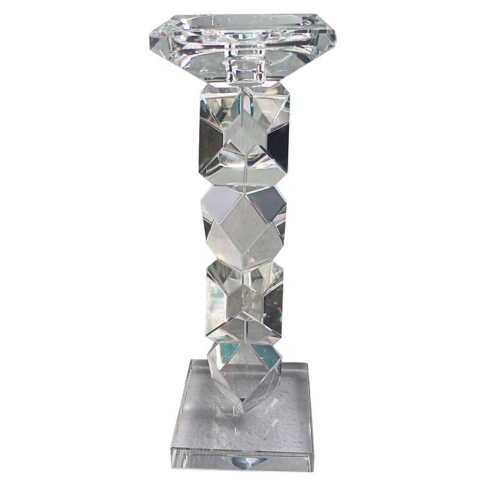 Der Kerzenhalter Zhara klein hat ein geometrisches Design aus klarem Kristall. Der Kerzenhalter wird von hinten gezeigt.