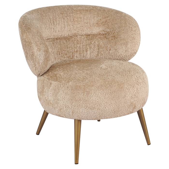 Das Bild zeigt einen gemütlichen Sessel mit einem modernen, minimalistischen Design. Der Sessel hat eine runde Sitzfläche und eine abgerundete, halbrunde Rückenlehne.